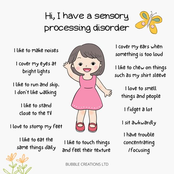 text says: illustrated girl + various symptoms/effects of a sensory processing disorder;
