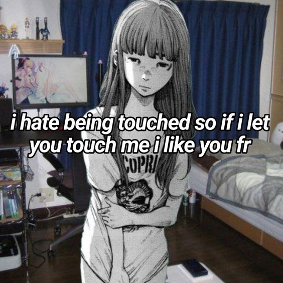 text says: i hate being touched so if i let u touch me i like u fr